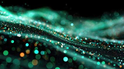 Abstract digital flow featuring a dynamic wave of glowing teal, green, and golden particles, creating a futuristic energy field with soft bokeh lights.