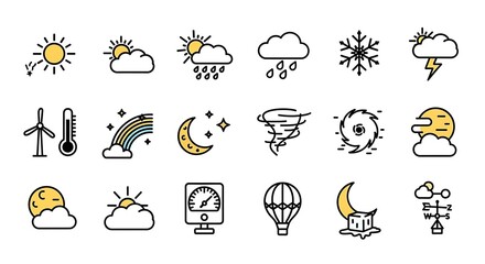 Naklejka premium Comprehensive set of weather forecast icons featuring sun, clouds, rain, snow, wind, and storm symbols for climate meteorology applications