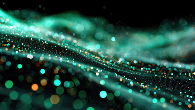 Abstract digital flow featuring a dynamic wave of glowing teal, green, and golden particles, creating a futuristic energy field with soft bokeh lights.