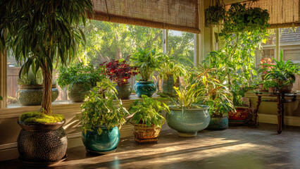 Fototapeta premium Sunlight illuminates a beautiful array of thriving houseplants in various pots, creating a serene and lush indoor garden setting by a large window.