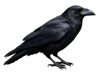 Obraz premium Black crow bird standing, a corvid animal with dark feathers, wildlife isolated on transparent background cutout