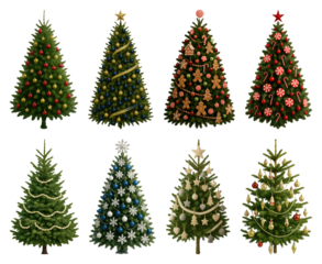 PNG Festive decorated Christmas trees, element set on transparent background