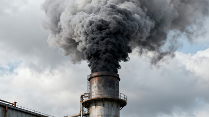 A large plume of dark smoke billows from an industrial chimney, highlighting the impact of industry on the environment.
