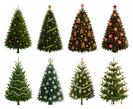 PNG Festive decorated Christmas trees, element set on transparent background