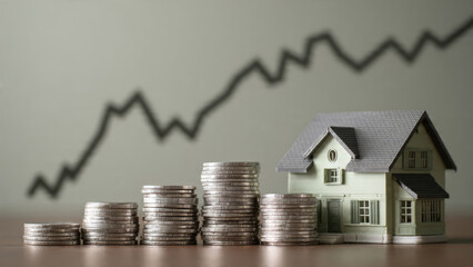 House model with increasing coin stacks and an upward trend line, illustrating real estate investment, savings, and market growth.