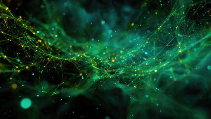 A vibrant digital network of interconnected nodes and lines glows green and yellow, representing data, technology, and global connections.