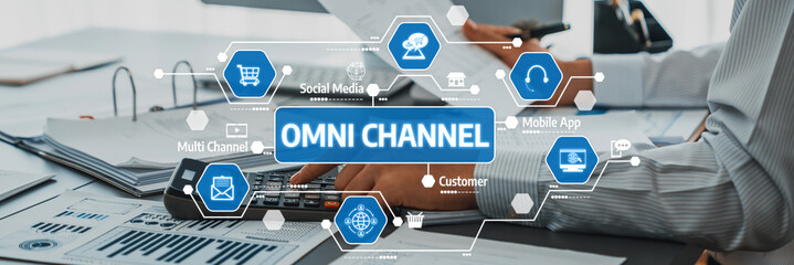 This image illustrates a modern omni channel marketing strategy employing digital tools and social...