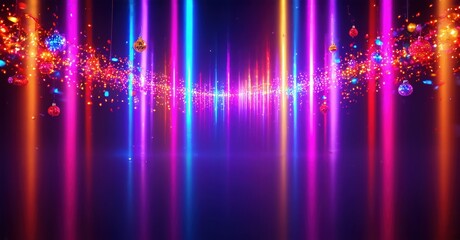 Fototapeta premium Vibrant vertical lights create futuristic tunnel. Festive ornaments dangle, adding sparkle. Dark background emphasizes bright illumination.