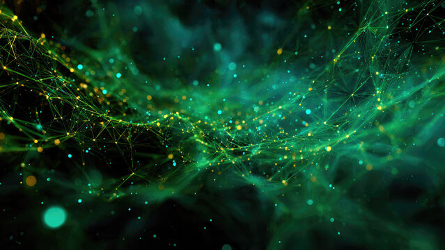 A vibrant digital network of interconnected nodes and lines glows green and yellow, representing data, technology, and global connections.