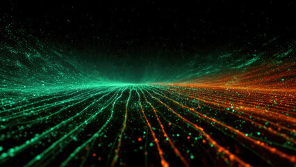 Abstract digital data streams in vivid green and orange flow across a dark background, depicting a dynamic, interconnected network or energy pathway.