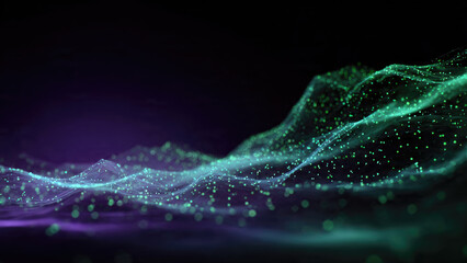 A dynamic, abstract digital landscape featuring glowing green and blue interconnected dots forming undulating waves against a dark background, representing data flow and technology.