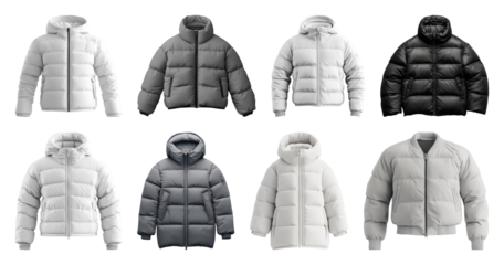 PNG Stylish winter puffer jackets collection, element set on transparent background