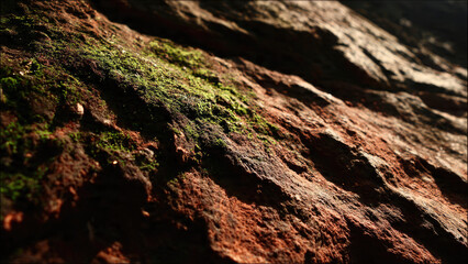 Close-up of a weathered, reddish-brown rock face adorned with patches of vivid green moss, showcasing natural textures and dappled sunlight.