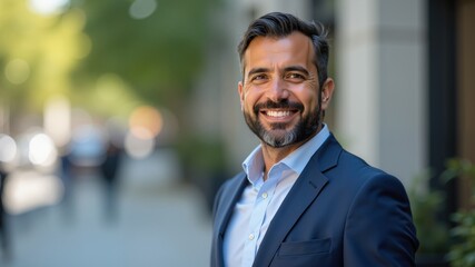 Fototapeta premium Confident businessman wearing blue suit, smiling at camera. Arabic style. Muslim businessman. 