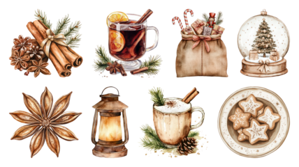 PNG Cozy festive holiday illustrations, element set on transparent background