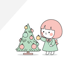 A cute cartoon girl with pink hair happily decorating a small Christmas tree with colorful ornaments.