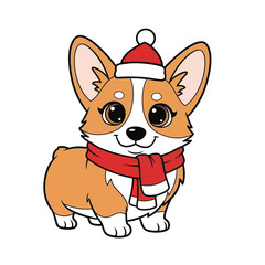 Cartoon corgi wearing a Santa hat and scarf, festive and cute.