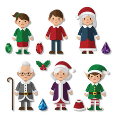 Cartoon Christmas characters: children, Santa, Mrs. Claus, and elf.