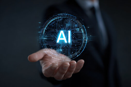 Artificial Intelligence in Human Hand. Person holding or presenting a glowing, futuristic digital interface with the letters "AI" (Artificial Intelligence).