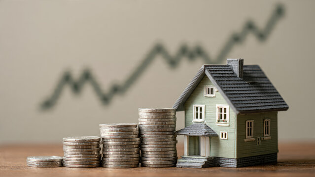 Miniature house with increasing stacks of coins and an upward trend graph, symbolizing growing real estate investment, property value, and financial prosperity.