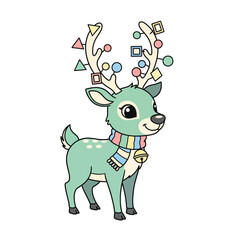 Cartoon illustration of a cute reindeer with colorful decorations and a scarf, smiling.