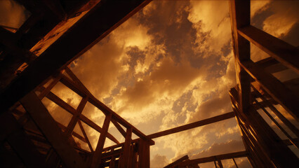 Fototapeta premium A powerful upward view of a building's wooden framework silhouetted against a dramatic, warm, and cloudy sky during sunrise or sunset.