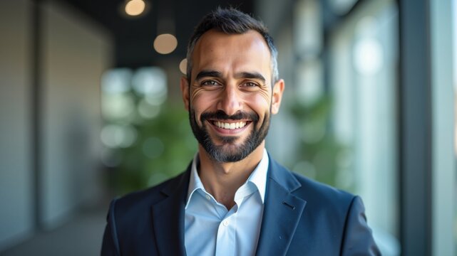 portrait of successful senior businessman consultant looking at camera and smiling inside modern office building. Arabic style. Muslim businessman.
