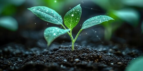 Fototapeta premium A vibrant green sprout emerging from rich soil, symbolizing sustainable agriculture and growth.