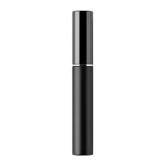 Elegant black mascara tube with silver trim on transparent background