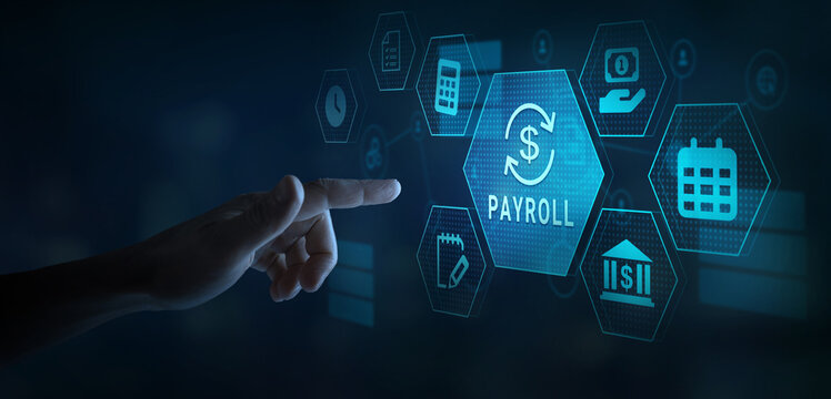 Digital Payroll Processing Concept with Touchscreen Icons, payroll management and finances