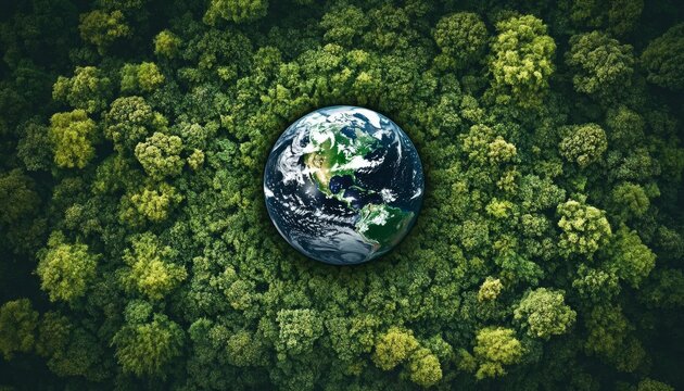 Aerial View of Lush Forest with a Globe, Symbolizing Global Environmental Awareness and Care - Powered by Adobe
