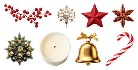 PNG Festive holiday decoration elements, element set on transparent background