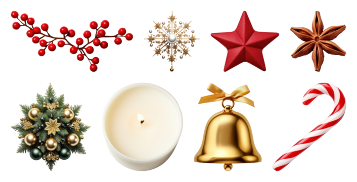 PNG Festive holiday decoration elements, element set on transparent background