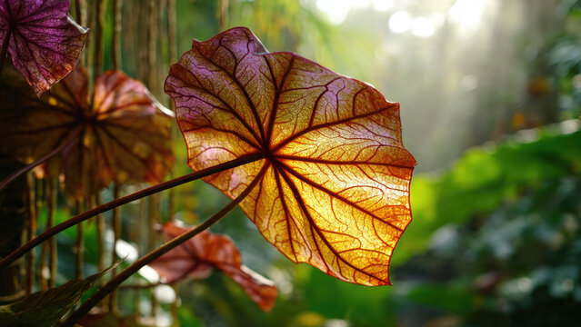 A close-up captures a vibrant, translucent leaf, backlit by golden sunlight, revealing its intricate vein patterns against a soft green background.