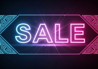 Futuristic neon sale text with geometric border