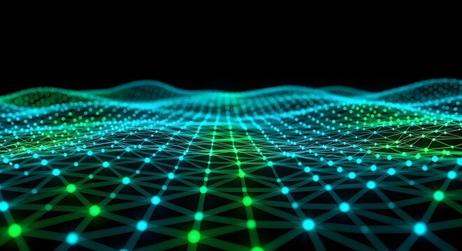 Abstract green and blue network grid with glowing nodes