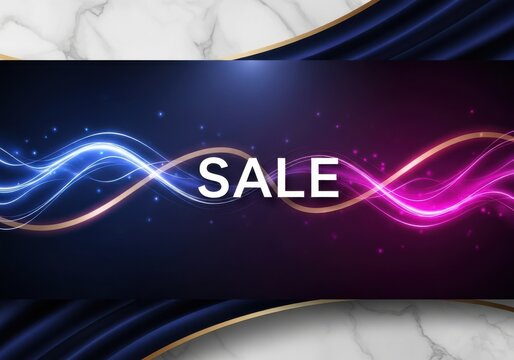 Marble background sale banner with neon flowing waves