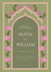 Indian style wedding invite with a pink Mughal arch, floral vines and soft green tones. Elegant composition inspired by cultural aesthetics and refined festive elements