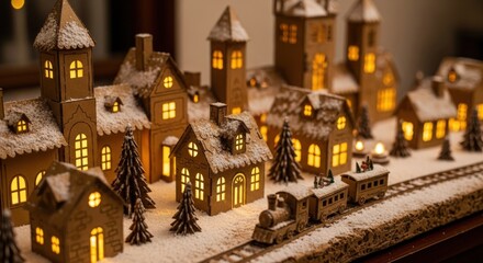 Cardboard Christmas village with cut-out houses and lit windows