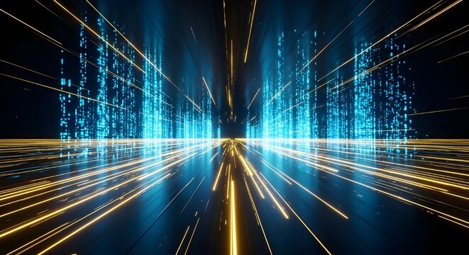 Abstract digital cityscape with blue and gold light trails