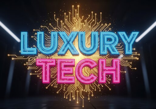 Luxury tech neon text with golden circuit background - Powered by Adobe