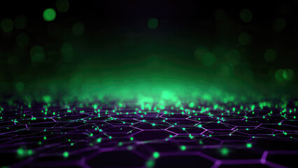 Futuristic digital network with glowing green nodes and hexagonal patterns, representing data flow, AI, and interconnected technology.