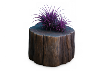 Fantasy tree stump with vibrant purple plants, surreal wood log base, mystical flora, digital art element on transparent background