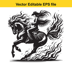 Wild cowgirl riding a rearing horse with flowing mane