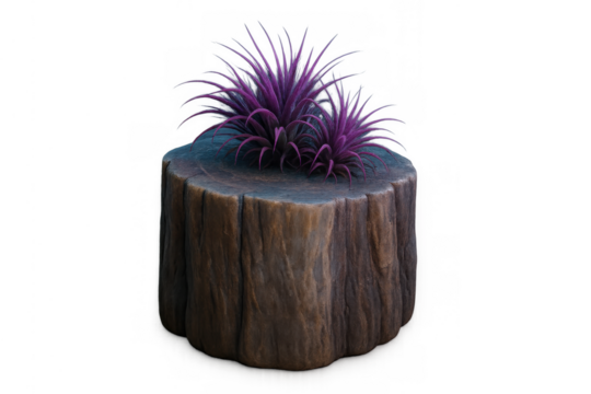 Fantasy tree stump with vibrant purple plants, surreal wood log base, mystical flora, digital art element on transparent background