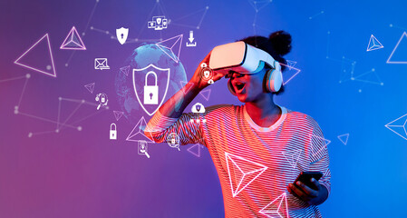 A woman engages in virtual reality with a headset, immersed in digital symbols representing cybersecurity, privacy, and data protection in a modern technological world. XDMCP