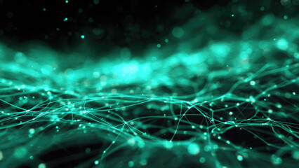 Vibrant abstract digital network featuring glowing teal lines and sparkling particles against a dark background, symbolizing data and connectivity.