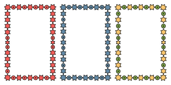 Three colorful frames with stars and circles in red blue and green on a white isolated background