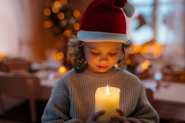 Small girl with santas hat during Christmas, holding candle.