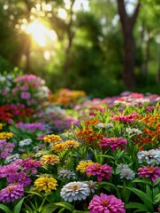 Obraz premium Colorful spring flowers bloom in a vibrant garden during golden hour
